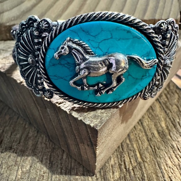 Horse Turquoise Stone Western Leather Open Bangle Bracelet - Picture 6 of 8